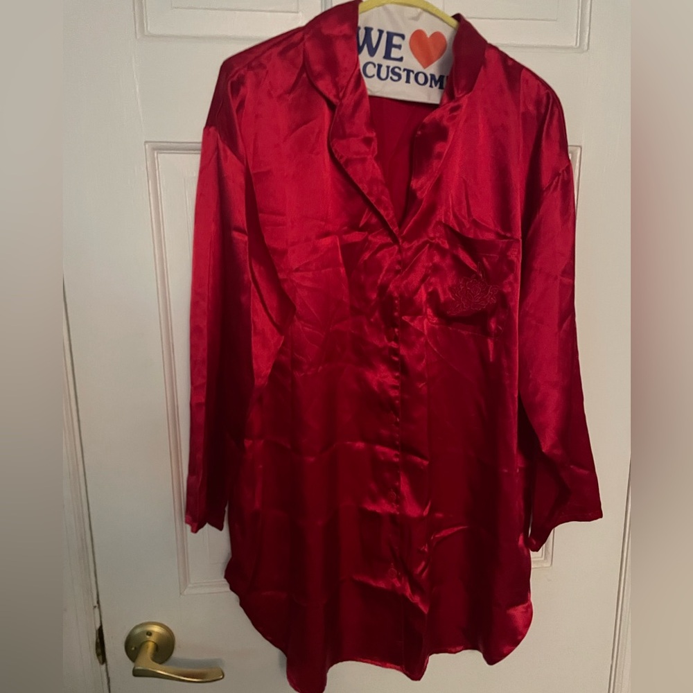 Y2K Victoria’s Secret Red Satin Button-Up pajama long top